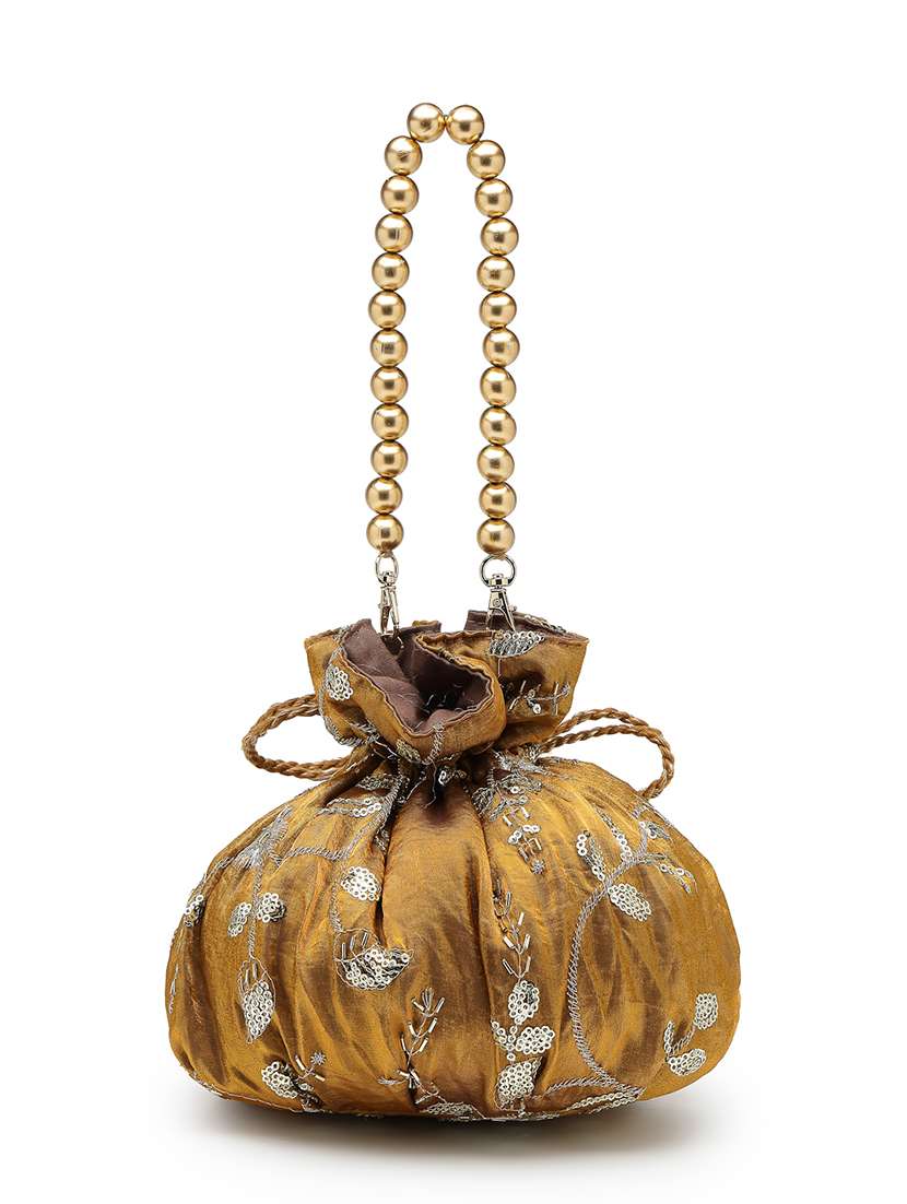 embellished floral faux silk ethnic potli bag with drawstring closure - 22528955 -  Standard Image - 1