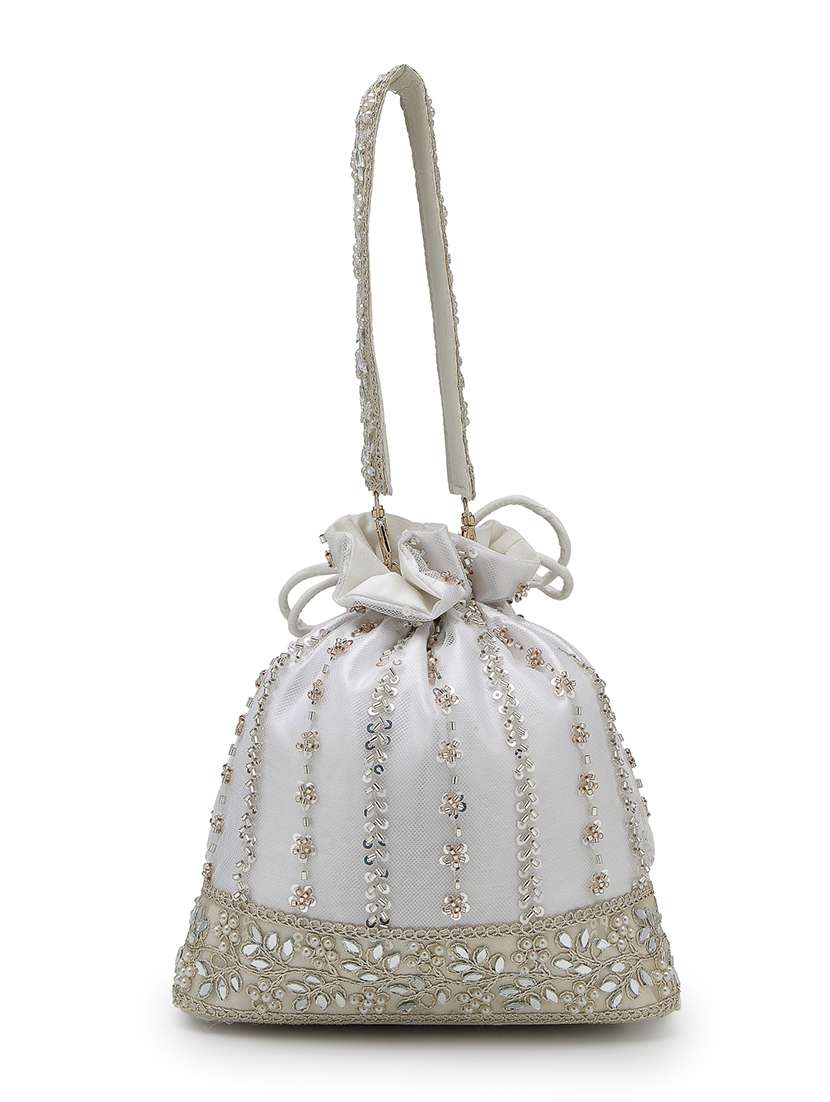 white floral embellished satin potli bag with drawstring closure - 22528957 -  Standard Image - 1