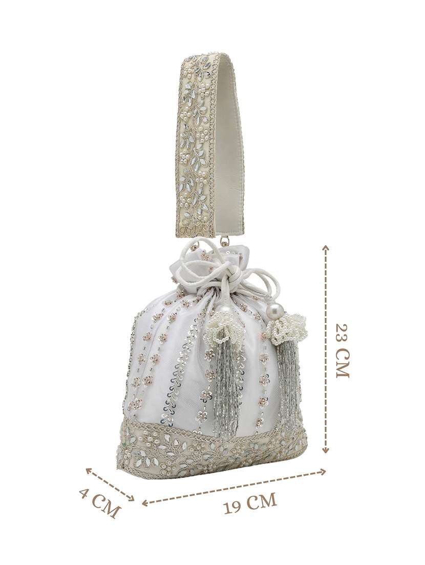 white floral embellished satin potli bag with drawstring closure - 22528957 -  Standard Image - 4
