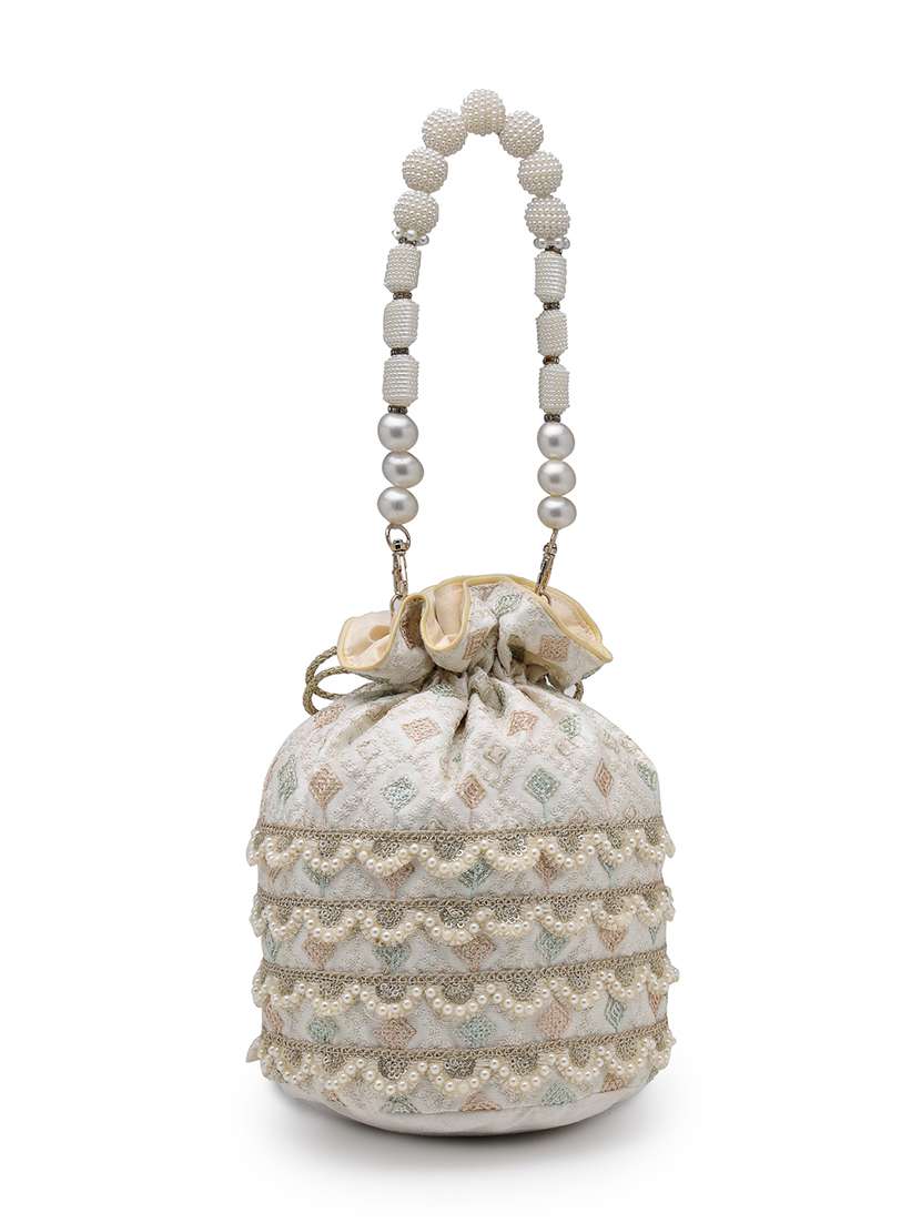 off white faux silk ethnic potli bag with drawstring closure - 22528959 -  Standard Image - 1