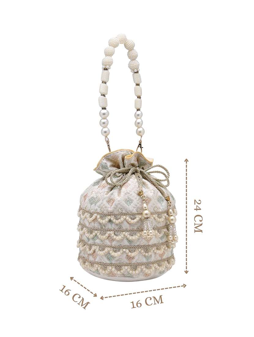 off white faux silk ethnic potli bag with drawstring closure - 22528959 -  Standard Image - 4
