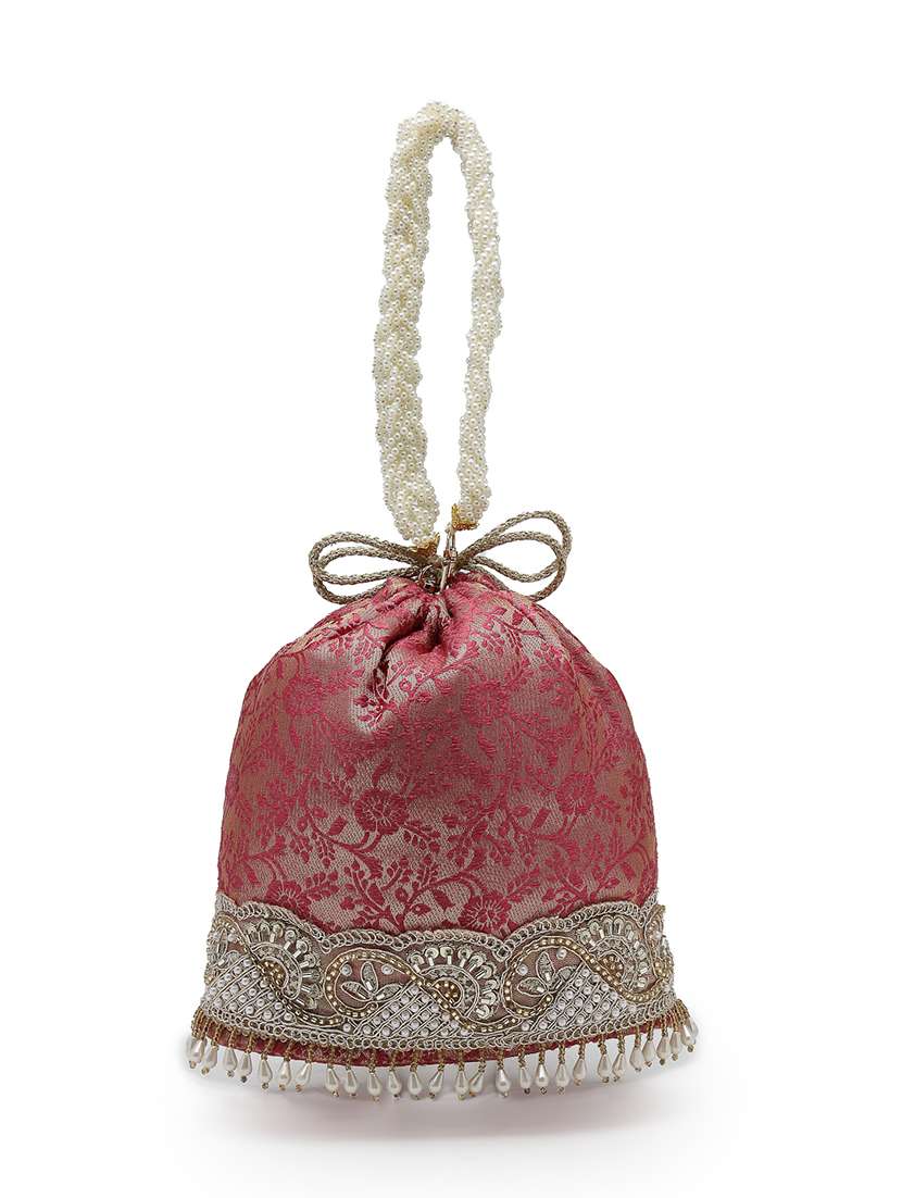 ethnic pink floral faux silk potli bag with drawstring closure - 22528962 -  Standard Image - 1