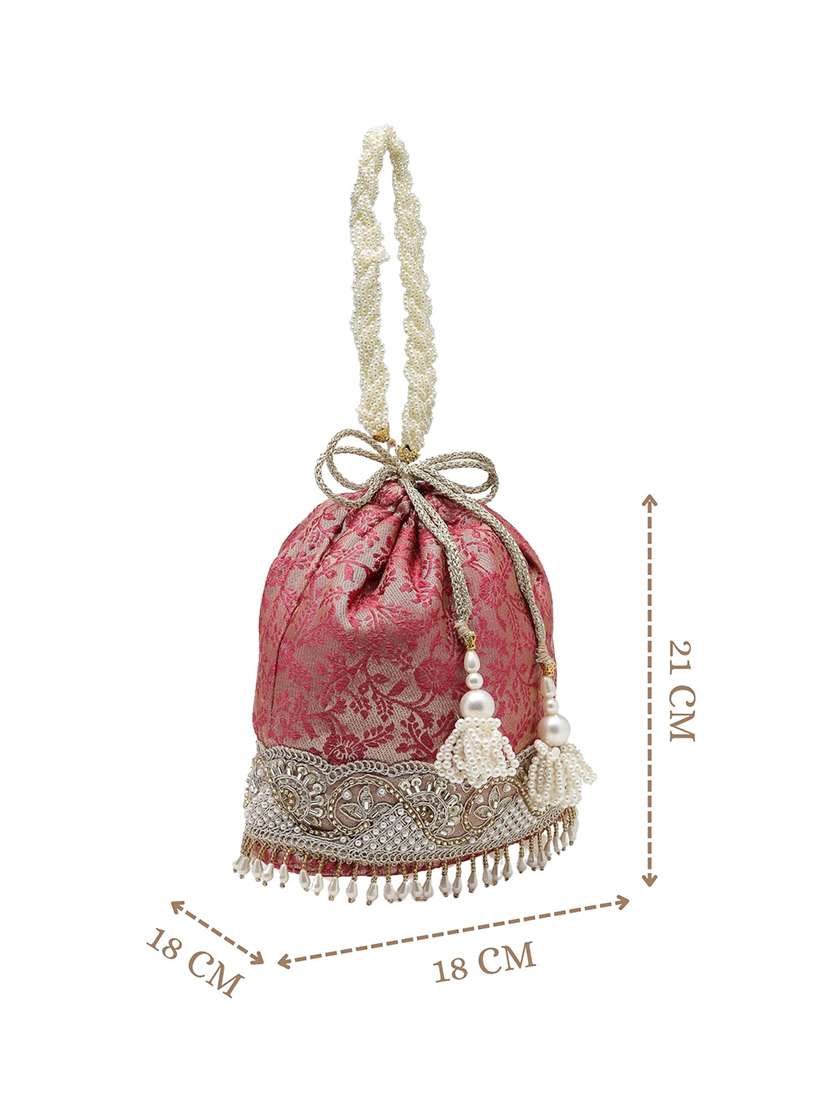 ethnic pink floral faux silk potli bag with drawstring closure - 22528962 -  Standard Image - 4