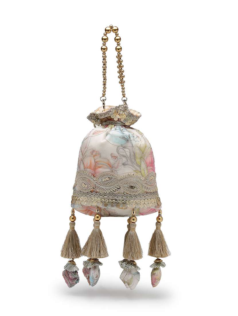 Anekaant Off White Floral Potli Bag With Drawstring Closure - 22528967 -  Standard Image - 1
