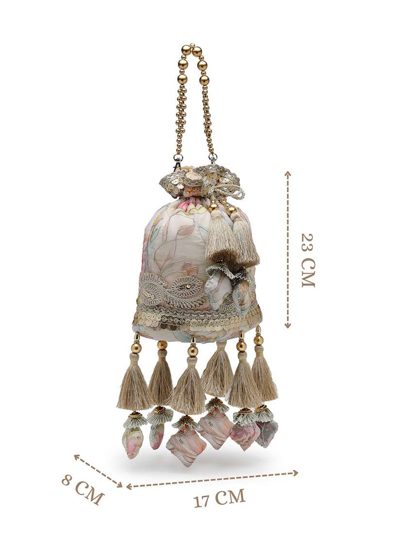 Anekaant Off White Floral Potli Bag With Drawstring Closure - 22528967 -  Standard Image - 4