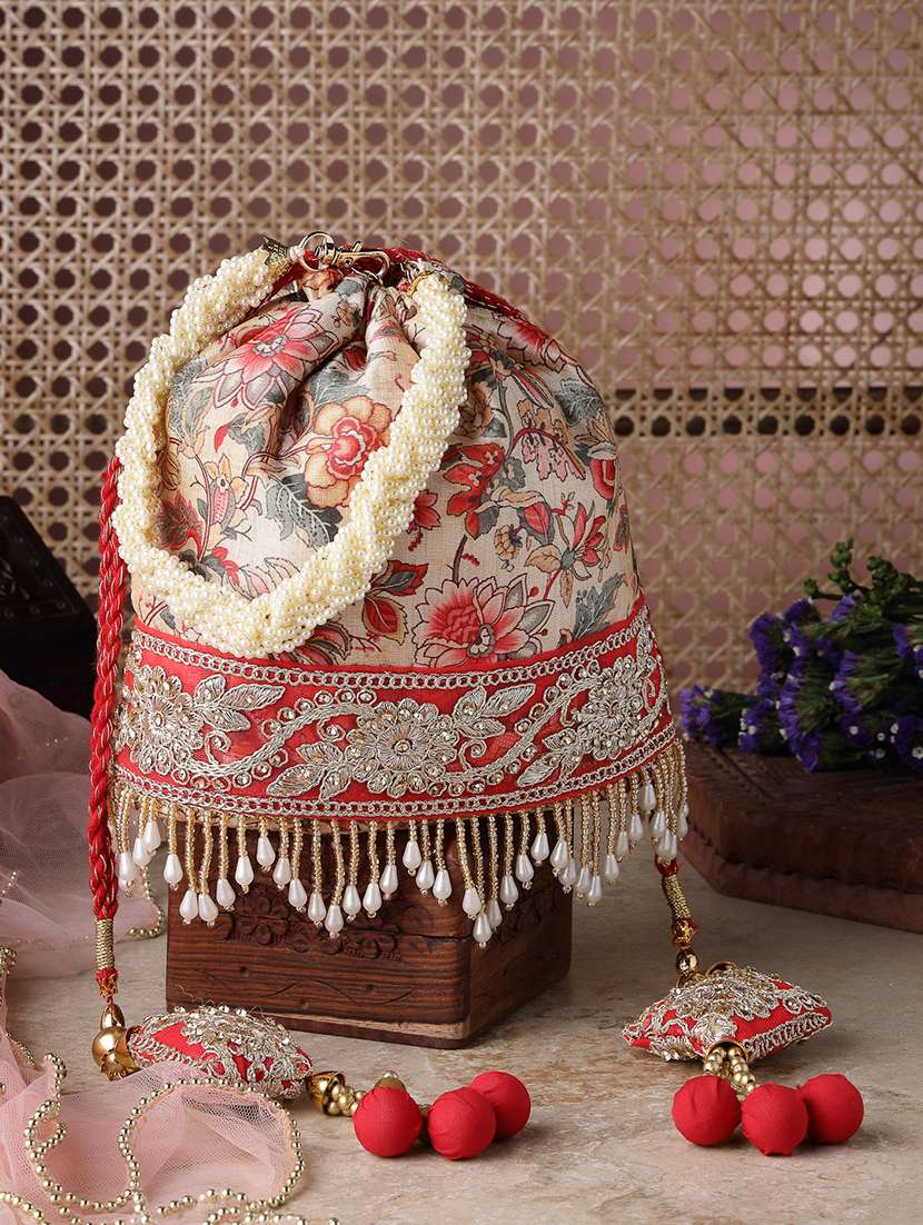 floral print faux silk potli bag with drawstring closure and tassels