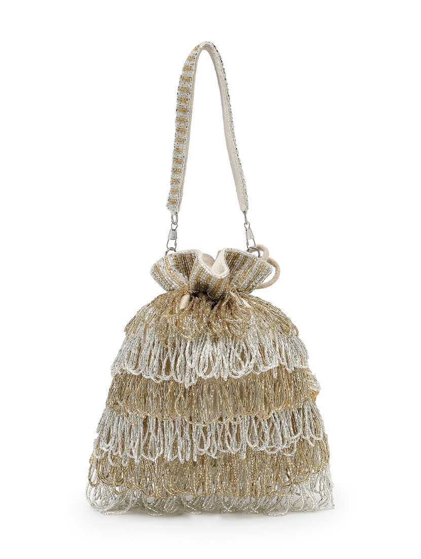 Gold Color Block Fringe Embellished Potli Bag - 22528970 -  Standard Image - 1