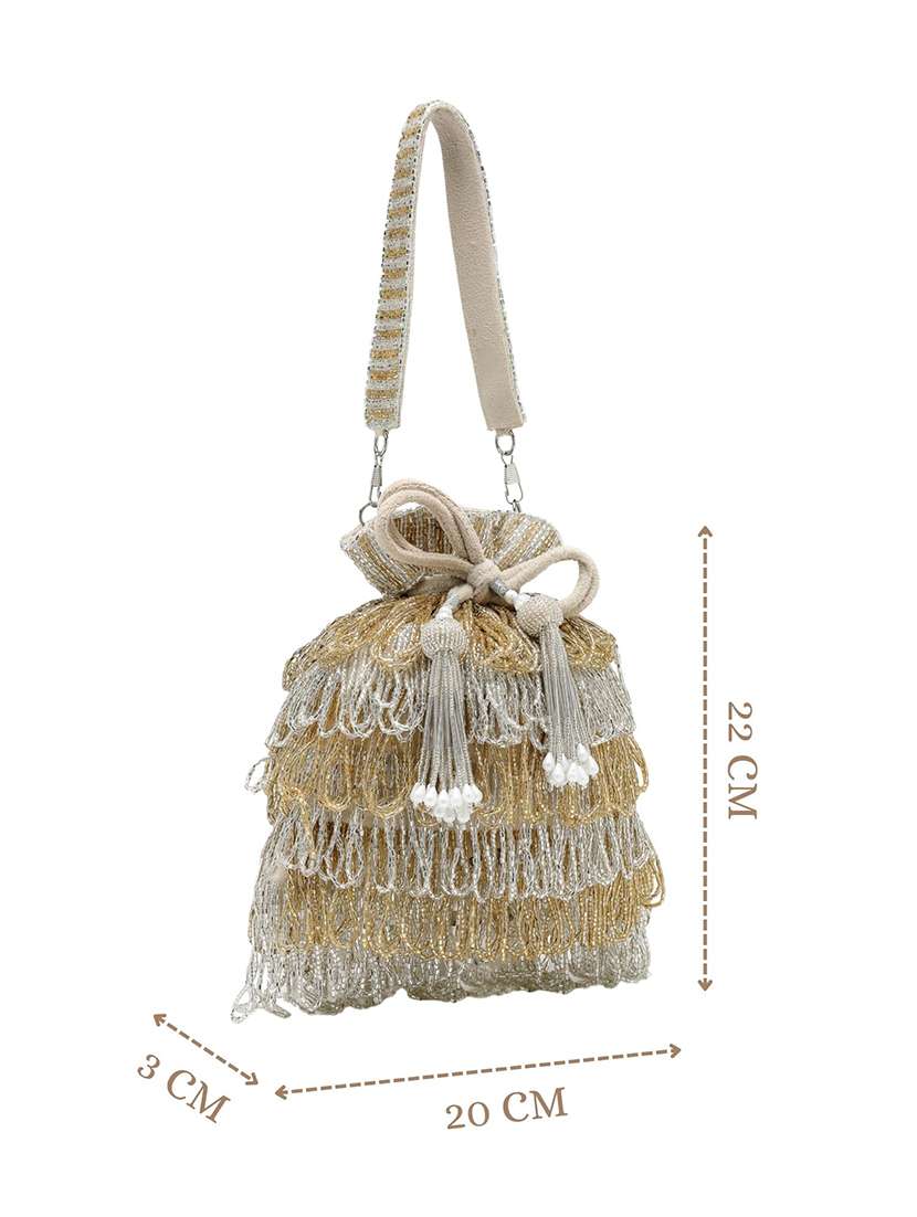 Gold Color Block Fringe Embellished Potli Bag - 22528970 -  Standard Image - 4