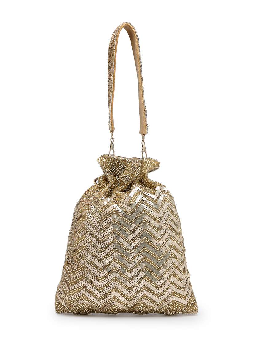 gold suede embellished chevron sequin potli bag - 22528971 -  Standard Image - 1
