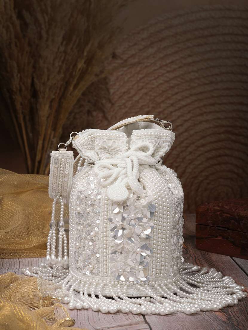 off white faux silk embellished floral potli bag for party