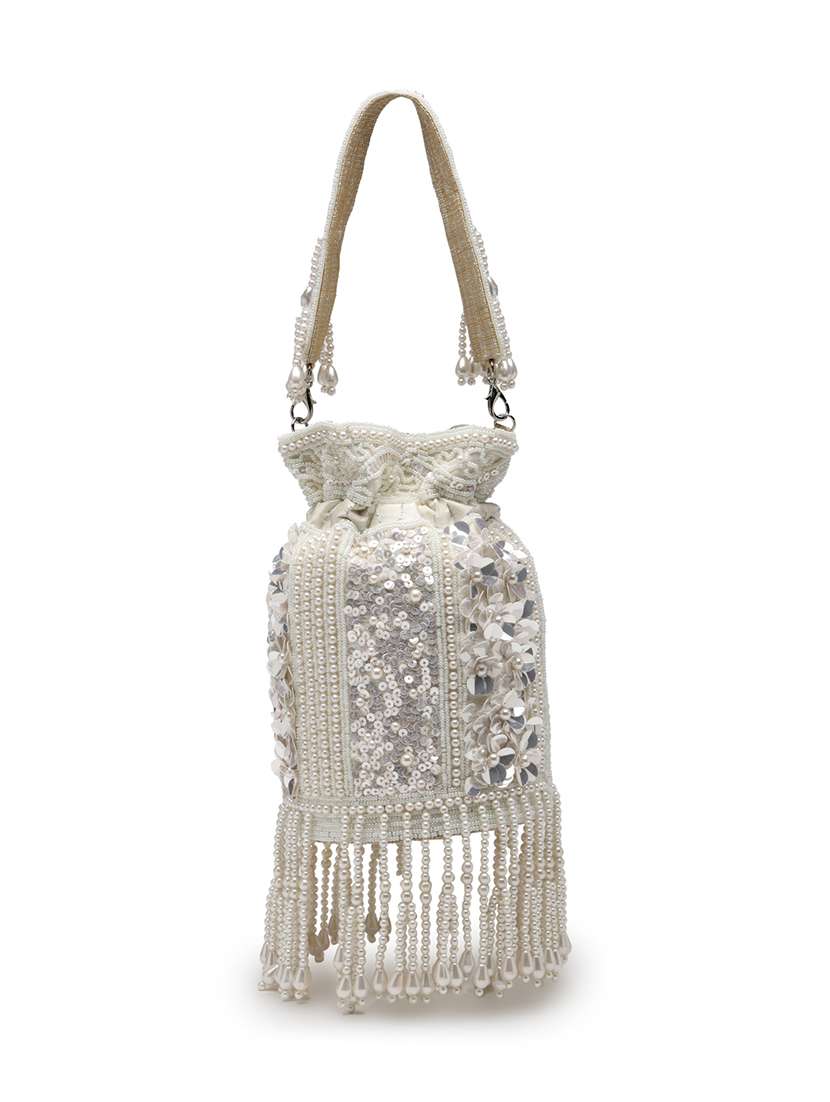 off white faux silk embellished floral potli bag for party - 22528972 -  Standard Image - 1