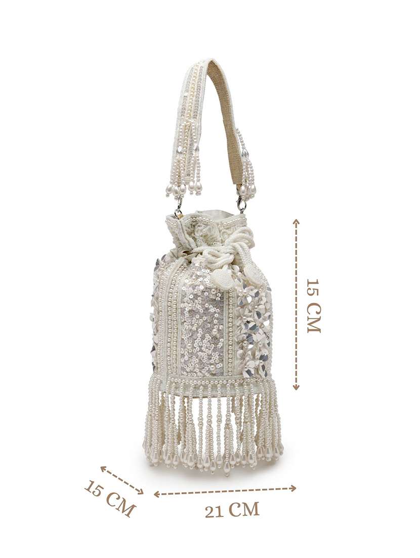 off white faux silk embellished floral potli bag for party - 22528972 -  Standard Image - 4