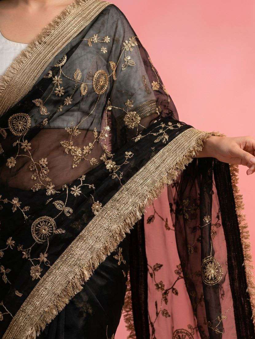 black silk embroidered saree with blouse - 22539890 -  Standard Image - 1
