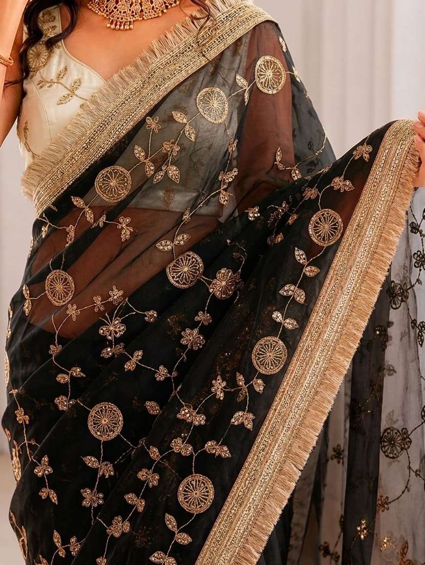 black silk embroidered saree with blouse - 22539891 -  Standard Image - 1