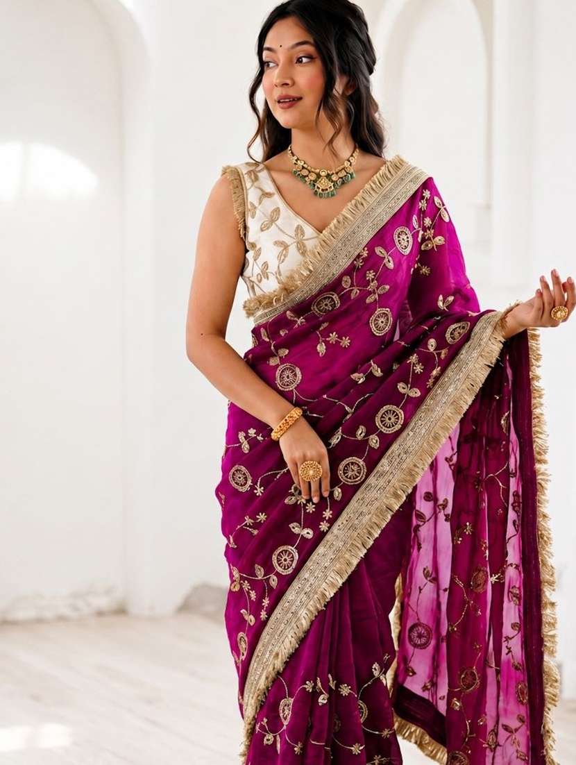 women solid with work embroidered saree with blouse - 22539900 -  Standard Image - 1