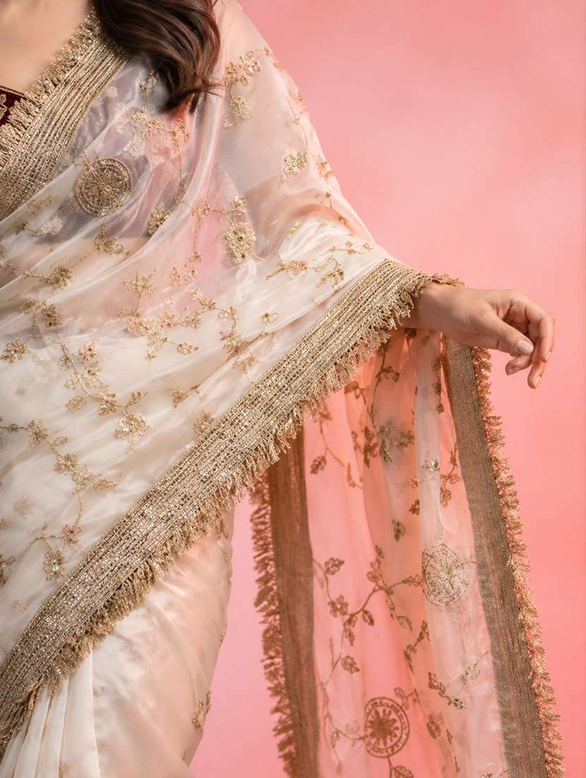 Women Solid With Work Embroidered Saree With Blouse - 22539905 -  Standard Image - 4