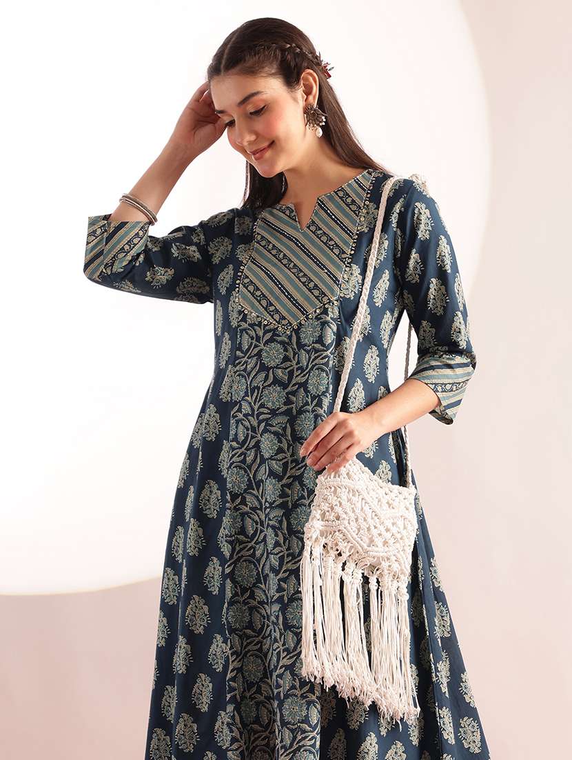 women printed three quarter sleeves a-line kurta 