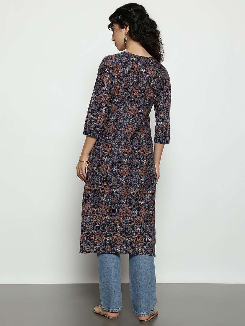 women printed three quarter sleeves straight kurta - 22540263 -  Standard Image - 4