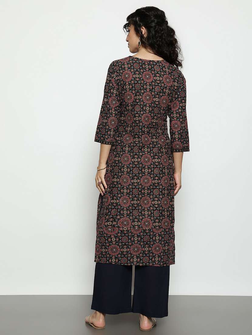 women printed three quarter sleeves straight kurta - 22540264 -  Standard Image - 4