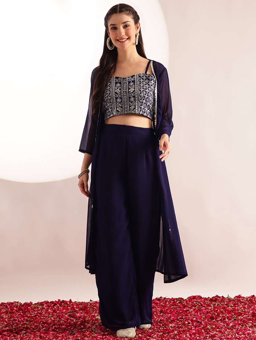 women embroidered shoulder strap top and palazzo fusion set - 22540271 -  Standard Image - 1