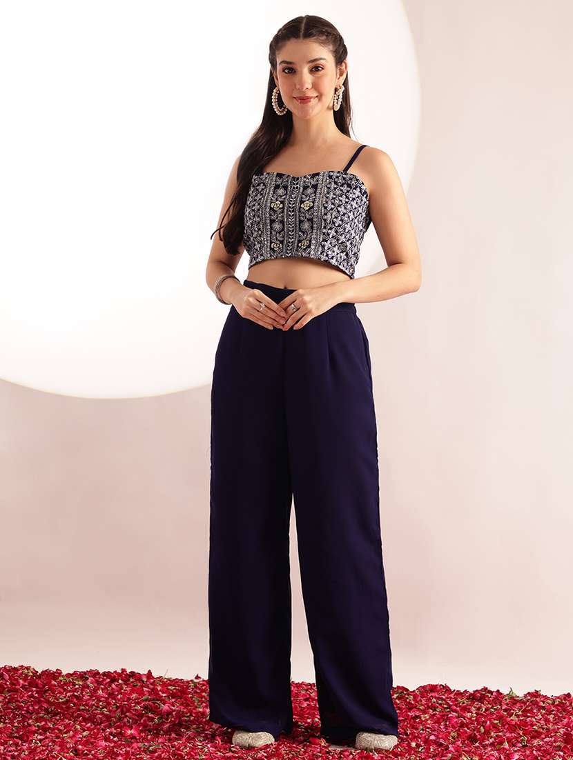 women embroidered shoulder strap top and palazzo fusion set - 22540271 -  Standard Image - 4