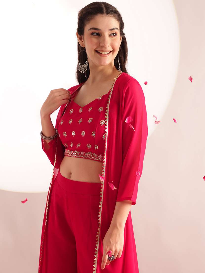 women embroidered shoulder strap top and palazzo fusion set - 22540272 -  Standard Image - 1