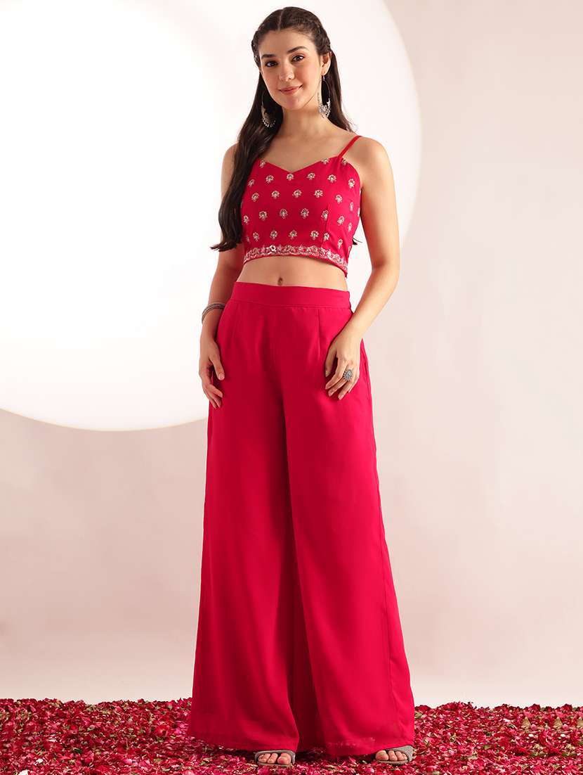 women embroidered shoulder strap top and palazzo fusion set - 22540272 -  Standard Image - 4