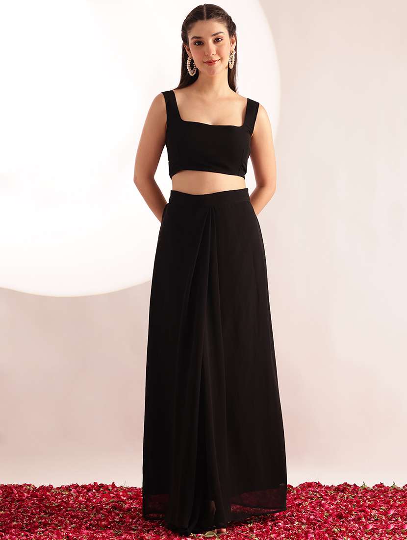 women solid with work sleeveless top and skirt fusion set - 22540273 -  Standard Image - 4