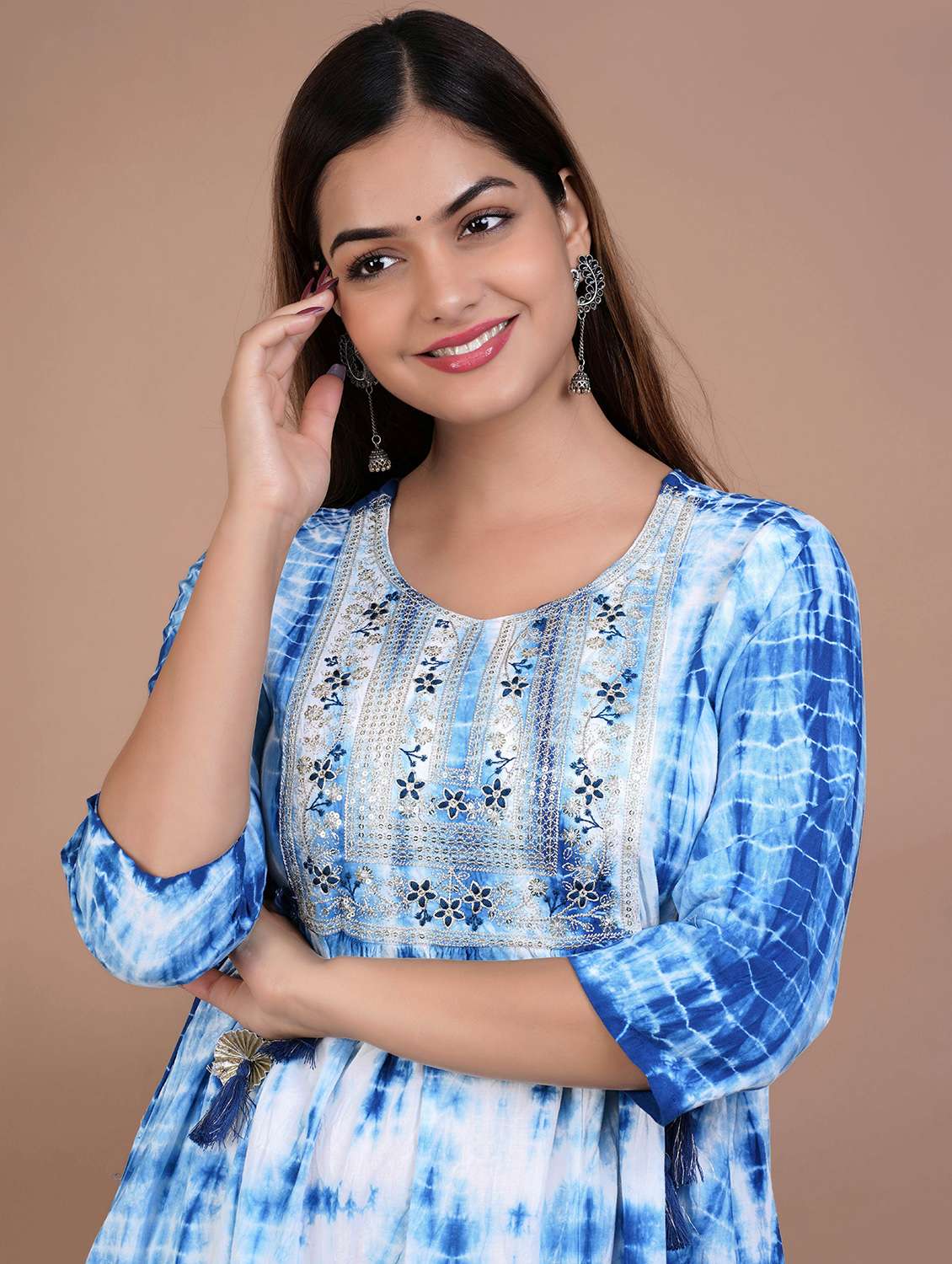 women tie & dye printed three quarter sleeve ethnic dress - 22540329 -  Standard Image - 1