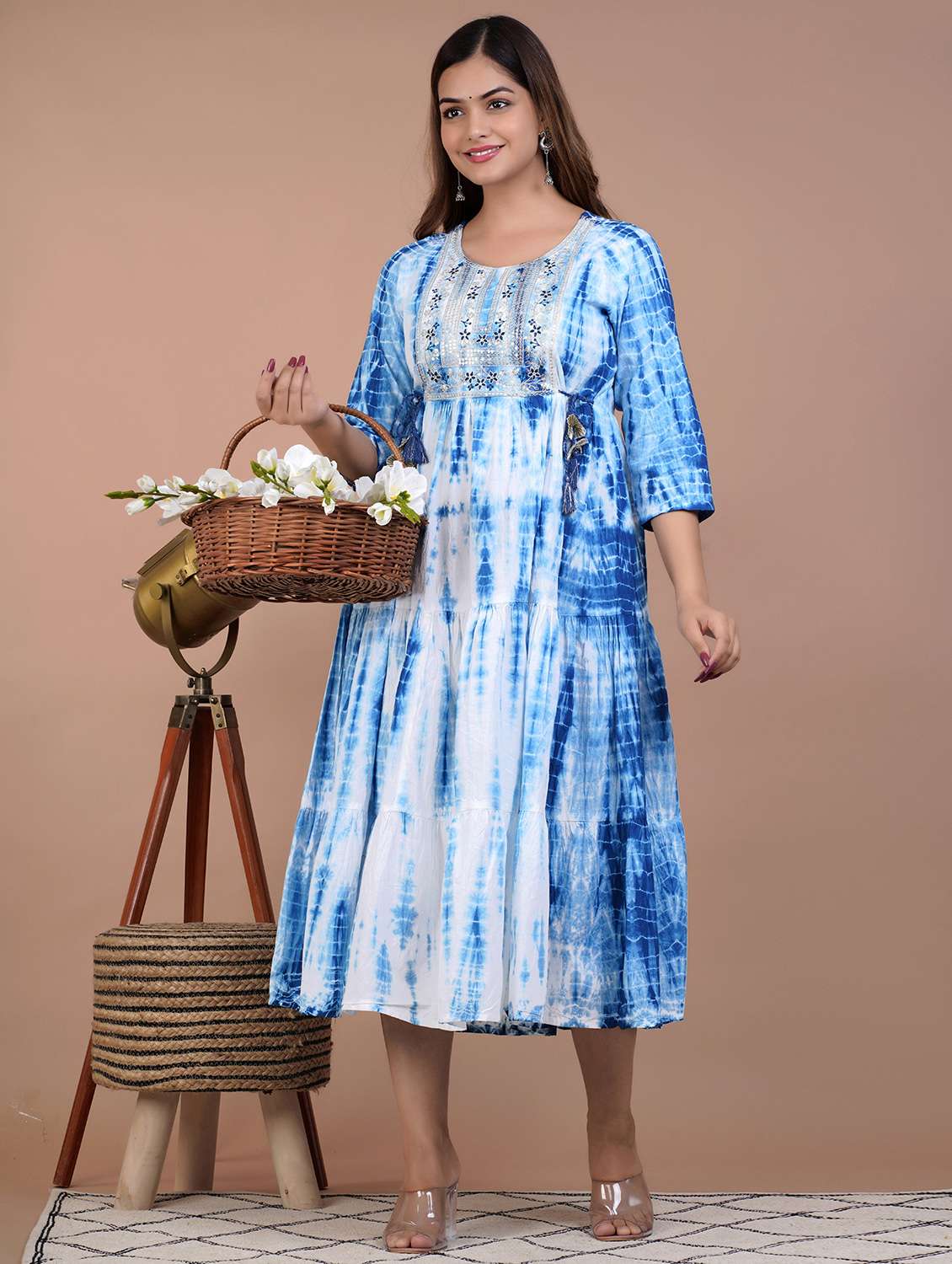 women tie & dye printed three quarter sleeve ethnic dress - 22540329 -  Standard Image - 4