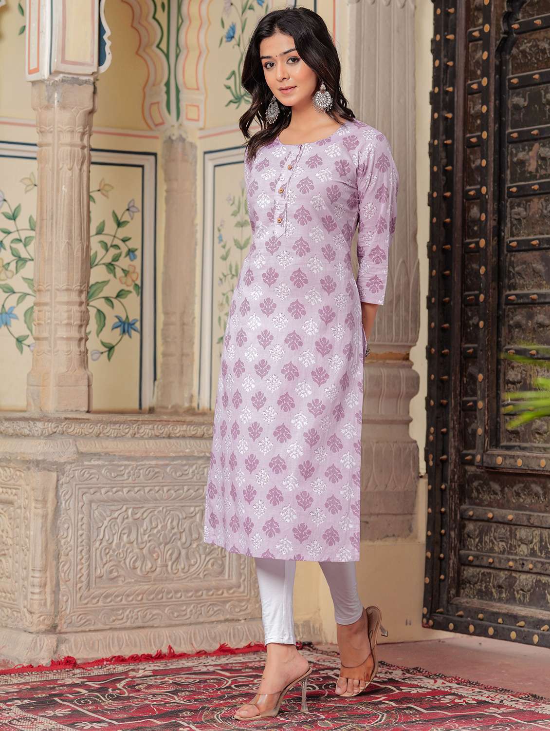 women printed three quarter sleeve straight kurta