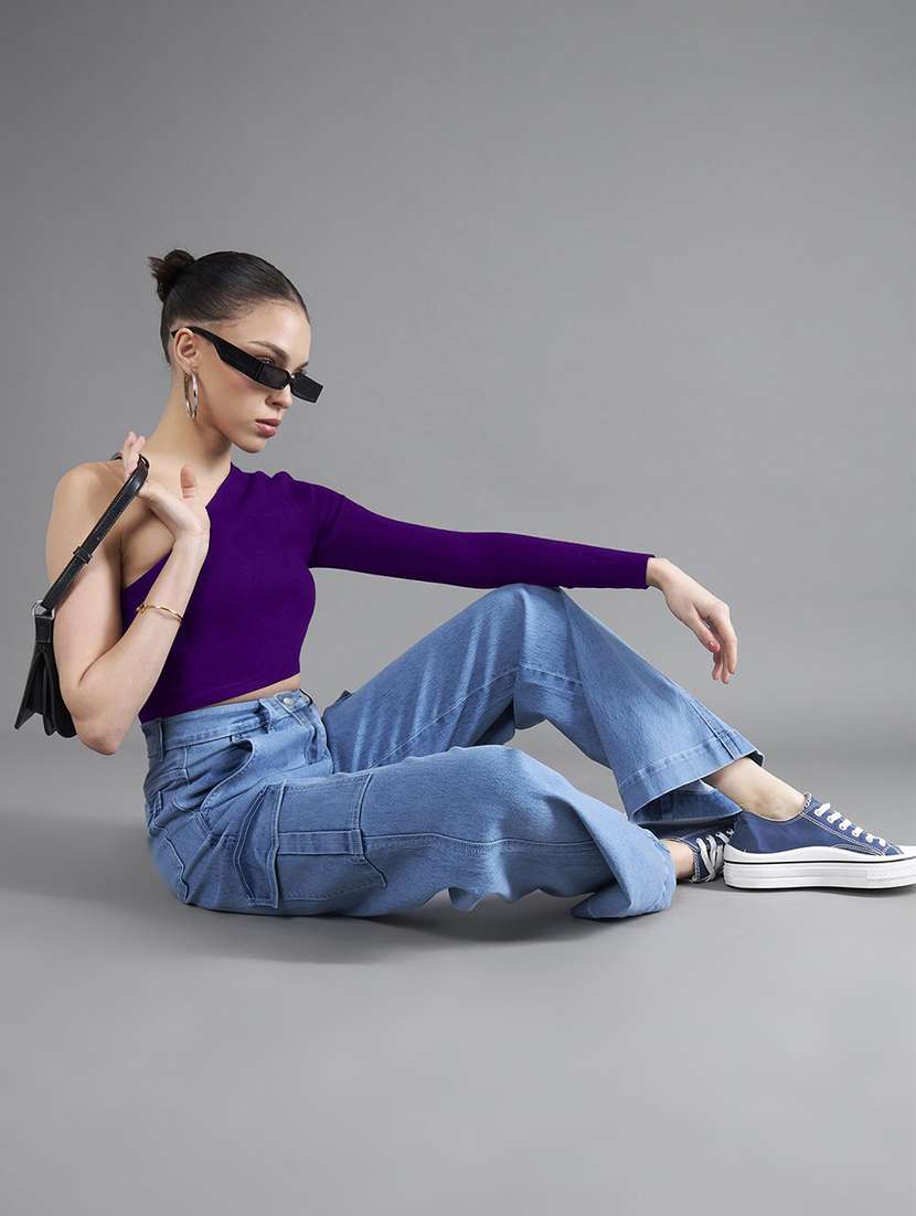 women solid high rise cargo jeans - 22540353 -  Standard Image - 4
