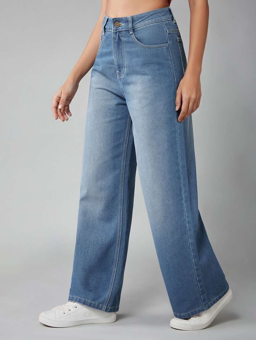 women washed high rise wide leg jeans