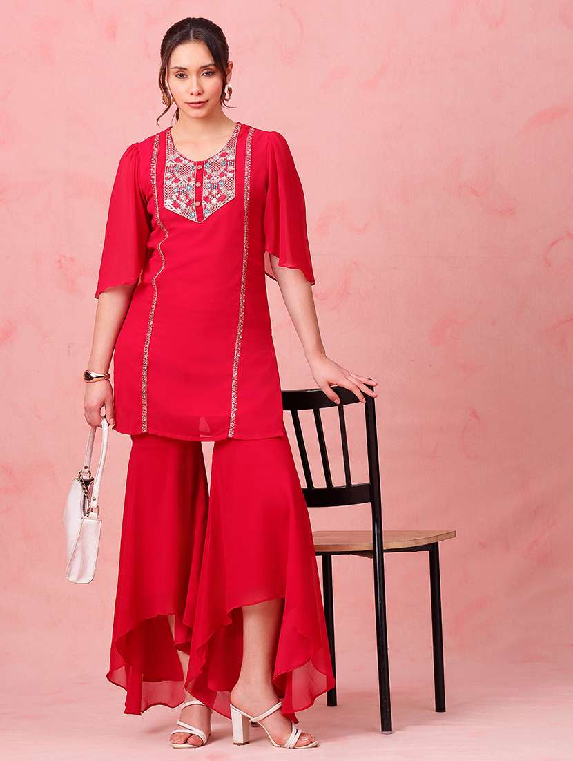 women embroidered three quarter sleeves kurta sharara set