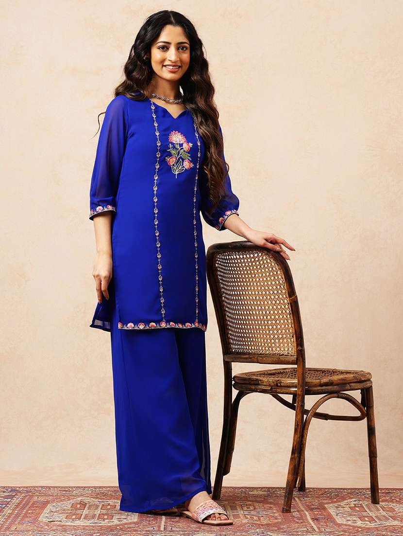 women embroidered three quarter sleeves kurta palazzo set