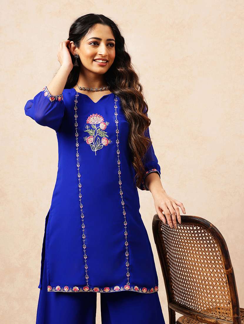 women embroidered three quarter sleeves kurta palazzo set - 22540460 -  Standard Image - 1