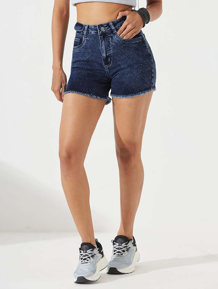 women washed high rise denim shorts