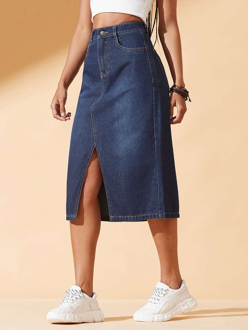 women solid high rise denim skirt - 22540496 -  Standard Image - 1