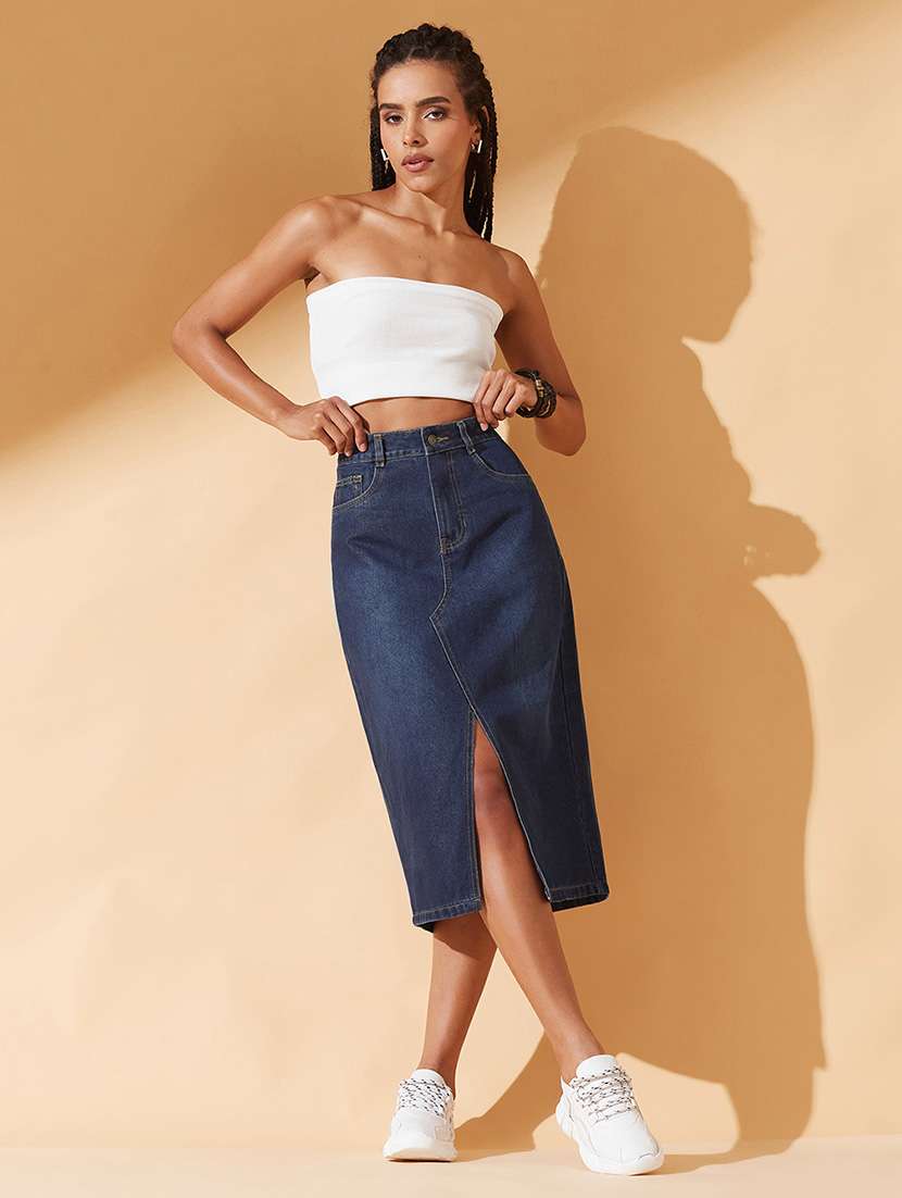 women solid high rise denim skirt - 22540496 -  Standard Image - 4