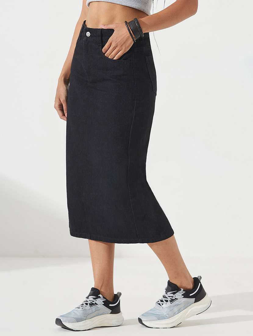 women solid high rise denim skirt