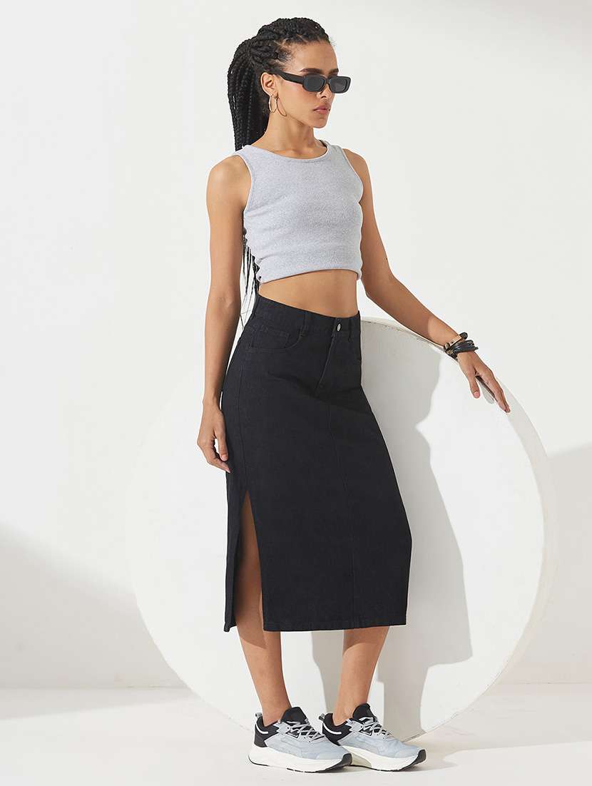 Women Solid High Rise Denim Skirt - 22540501 -  Standard Image - 4