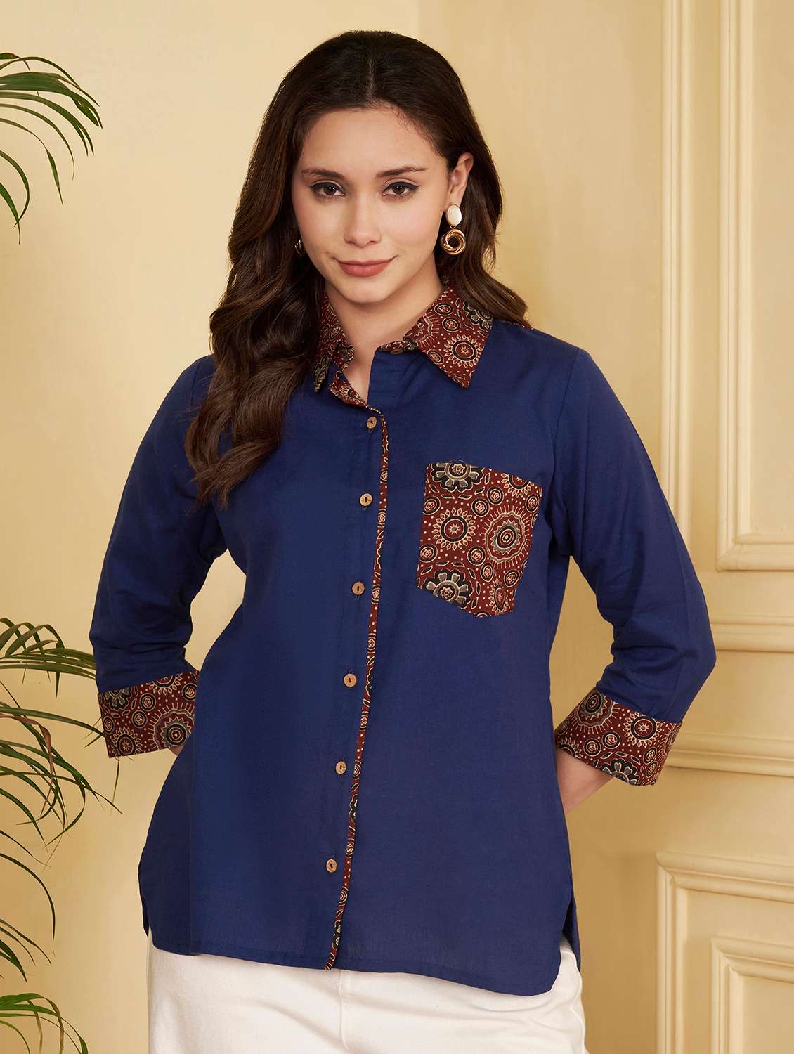 women printed three quarter sleeves regular shirt
