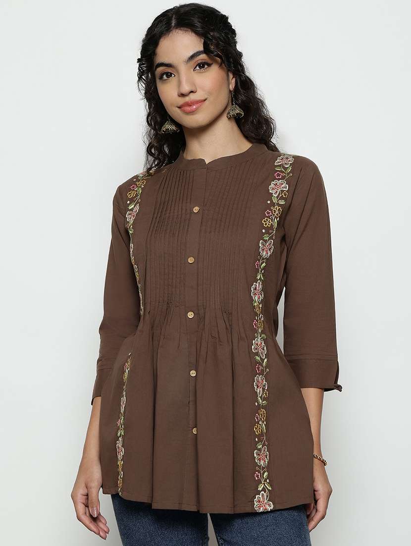 women embroidered three quarter sleeves a-line tunic - 22540561 -  Standard Image - 1