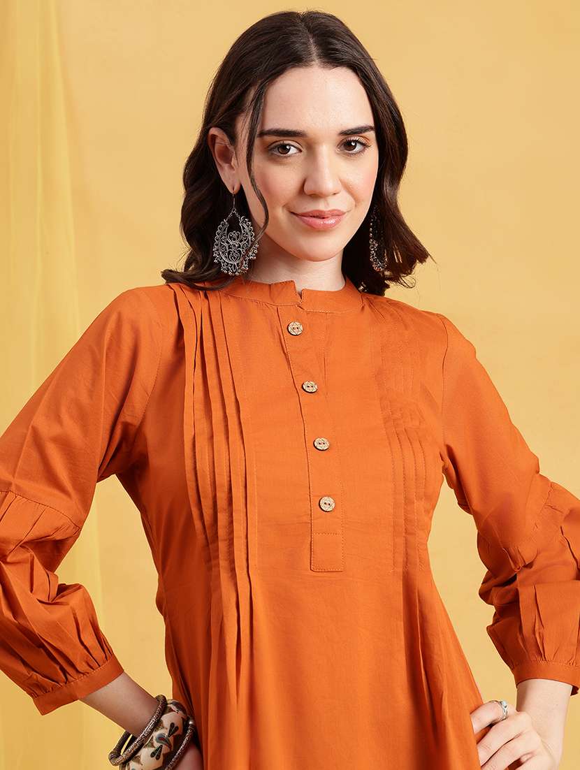 women solid three quarter sleeves a-line tunic - 22540571 -  Standard Image - 1