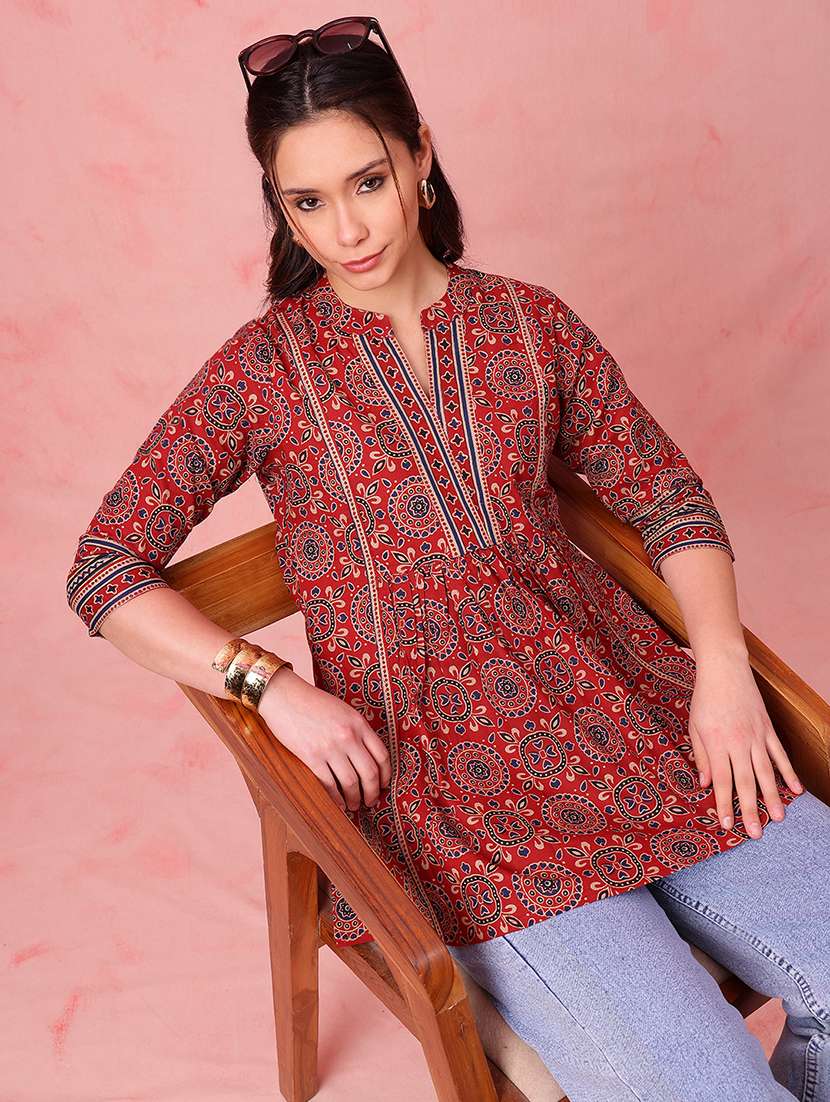 women printed three quarter sleeves a-line tunic