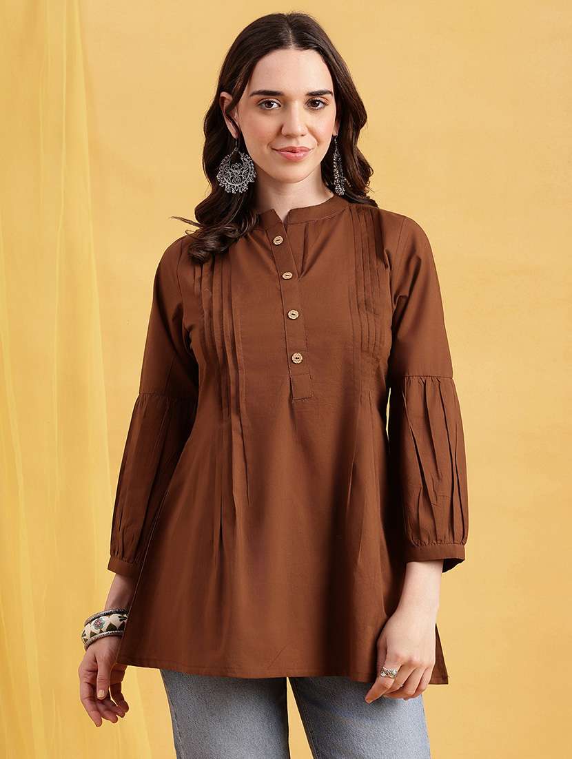 Women Solid Three Quarter Sleeves A-line Tunic - 22540598 -  Standard Image - 1