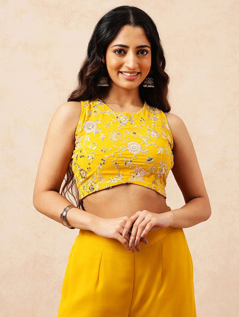 mustard yellow floral embroidered sleeveless cotton co-ord set - 22540606 -  Standard Image - 1
