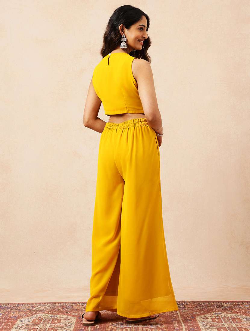 mustard yellow floral embroidered sleeveless cotton co-ord set - 22540606 -  Standard Image - 4