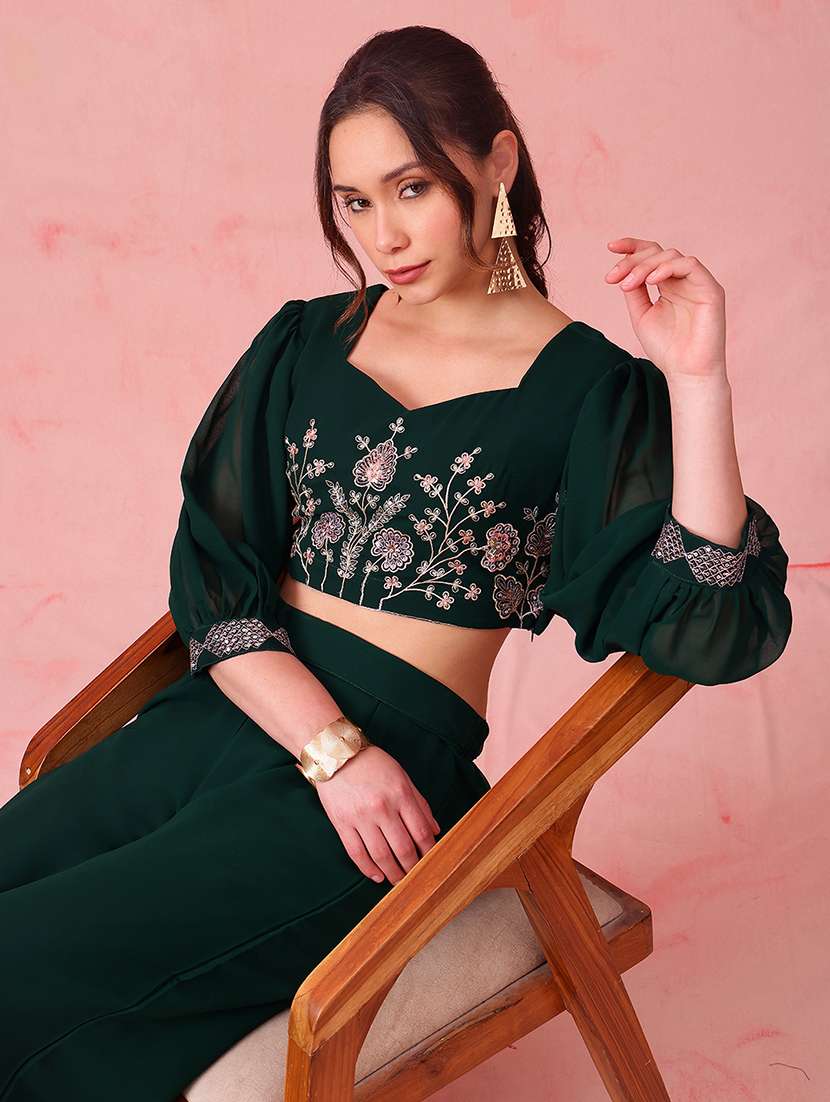 women embroidered bishop sleeves top and palazzo fusion set - 22540607 -  Standard Image - 1