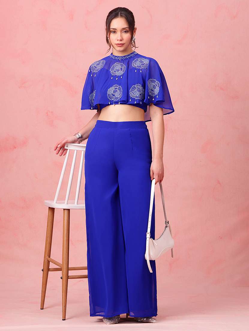 women embroidered mock neck top and palazzo fusion set